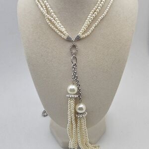 Chico’s Art Deco Style Faux Pearl Triple Strand Tassel Necklace